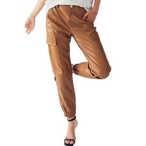 Love Tree - Elastic Waist Faux Leather Cargo Joggers - Camel (S)
